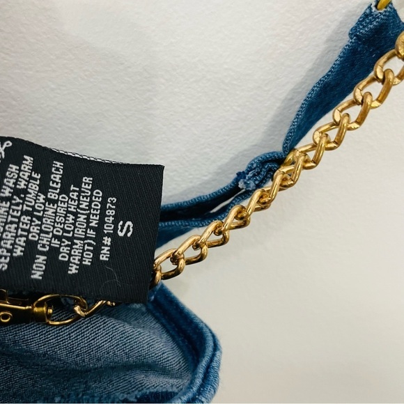 💫 Denim Bustier Gold Chain Crop Top Jean Bralette - Picture 5 of 7